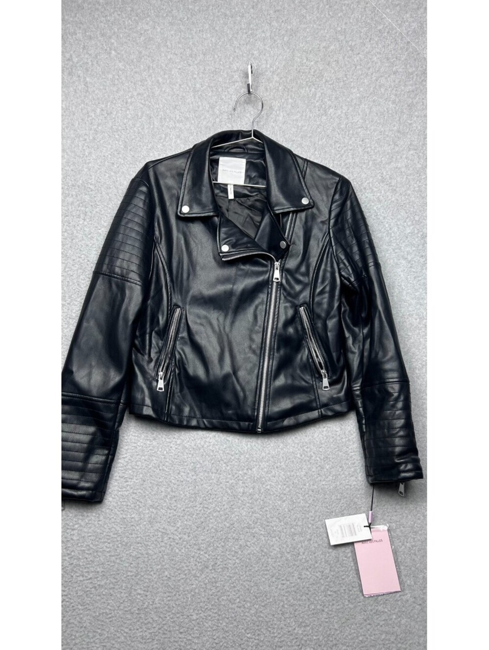 Avec Les Filles Black Faux Leather Biker Moto Jacket Fitted Sleek Vegan M New